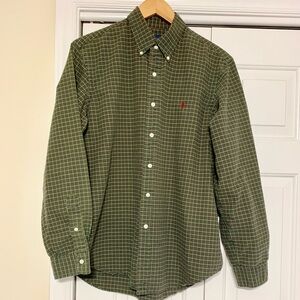 Ralph Lauren Christmas Muted Green Red Gold Button Down Shirt MENS L 100% Cotton
